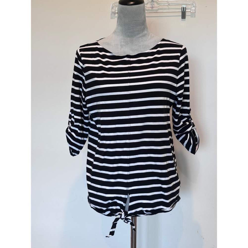 Jones New York Signature Black White Striped Tie Front Top 3/4 Sleeve Medium
